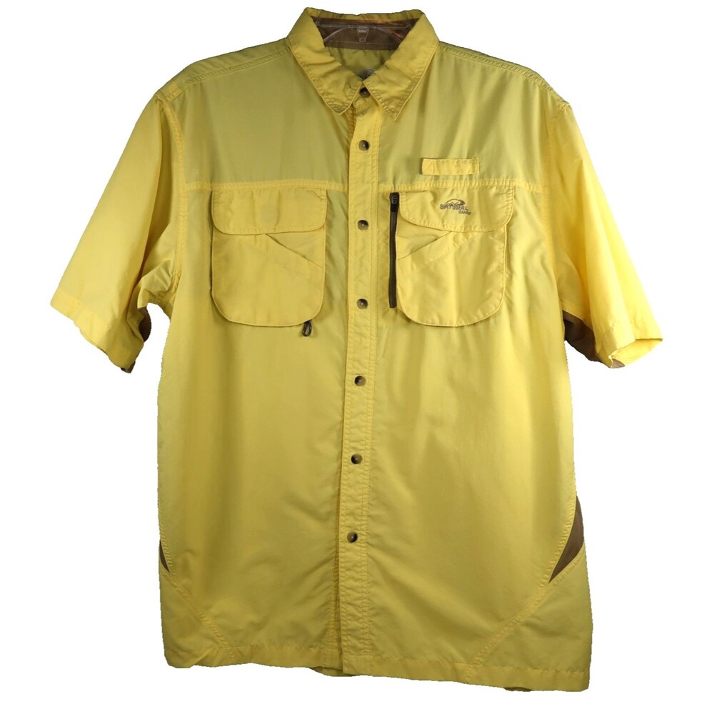 Natural Gear Fishing Shirt Mens Sz Large Yellow Button Short Sleeve Vented Nylon